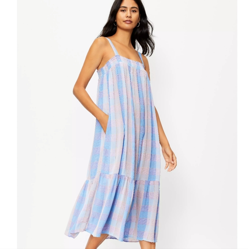 Loft Plaid Smocked Midi Dress XXSP